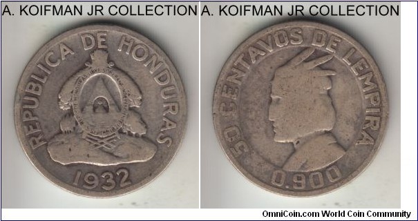KM-74, 1932 Honduras 50 centavos de lempira, Philadelphia mint (no mint mark); silver, reeded edge; 4-year type, very good to fine.