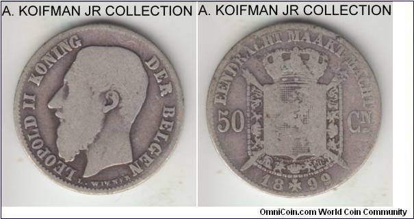 KM-27, 1899 Belgium 50 centimes; silver, reeded edge; Leopold II, DER BELGEN (Flemish) legend, well circulated and worn.