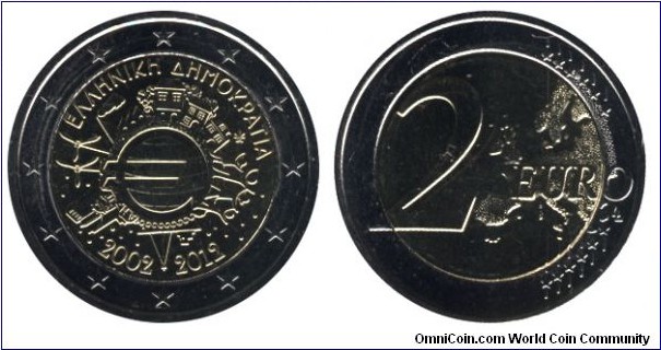 Greece, 2 euros, 2012, Cu-Ni-Ni-Brass, bi-metallic, 25.75mm, 8.5g, 2002-2012, 10 Years of Euro.
