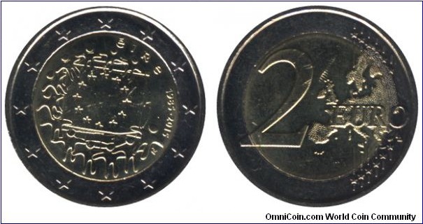 Ireland, 2 euros, 2015, Cu-Ni-Ni-Brass, bi-metallic, 25.75mm, 8.5g, 1985-2015, 30th anniversary of the EU flag.