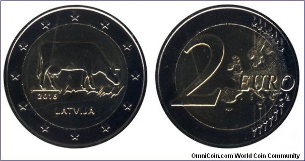 Latvia, 2 euros, 2016, Cu-Ni-Ni-Brass, bi-metallic, 25.75mm, 8.5g, Dairy Farming.