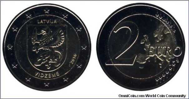 Latvia, 2 euros, 2016, Cu-Ni-Ni-Brass, bi-matallic, 25.75mm, 8.5g, Vidzeme Region.