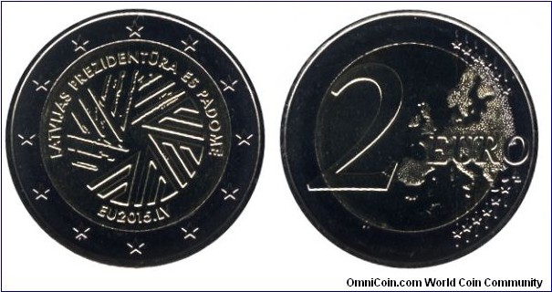 Latvia, 2 euros, 2015, Cu-Ni-Ni-Brass, bi-metallic, 25.75mm, 8.5g, Latvian Presidency of the EU.