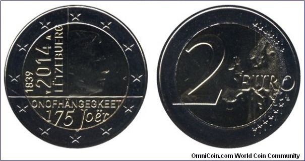 Luxembourg, 2 euros, 2014, Cu-Ni-Ni-Brass, bi-metallic, 25.75mm, 8.5g, 1839-2014, 175th Anniversary of Luxembourg's Independence.