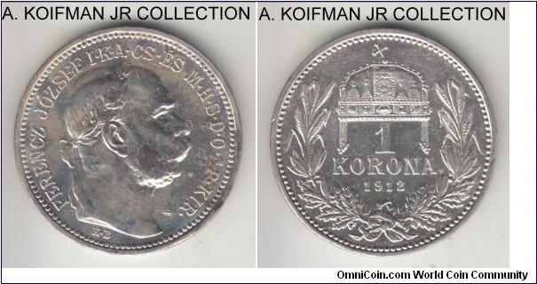 KM-2820, 1912 Austria corona; silver, lettered edge; Franz Joseph I, common year, extra fine or better details, but cleaned and ugly obverse spots.