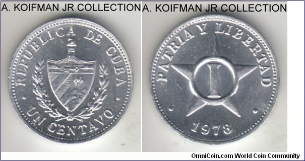 KM-33.1, 1978 Cuba centavo, Leningrad (St. Petersburg, Russia) mint; aluminum, plain edge; modern Communist government, bright uncirculated.