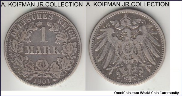 KM-14, 1901 Germany (Empire) mark, Berlin mint (A mint mark); silver, reeded edge; Wilhelm II, relatively common year mint, good fine.