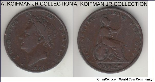 KM-697, 1830 Great Britain farthing; copper, plain edge; George IV, fine or so.