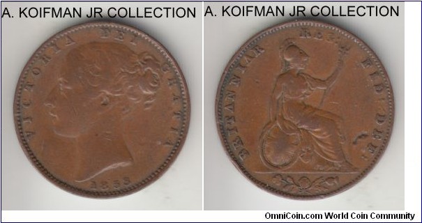 KM-725, 1853 Great Britain farthing; copper, plain edge; young Victoria, raised WW initials variety, about very fine, strong rims.