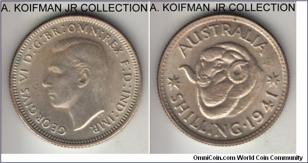 KM-39, 1941 Australia shilling, Melbourne mint (no mint mark); silver, reeded edge; George VI, less common year, borderline uncirculated - no wear but weak strike.