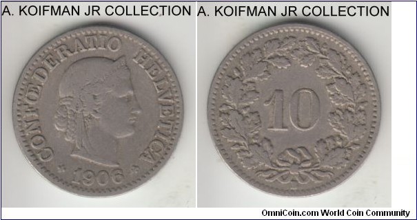 KM-27, 1906 Switzerland 10 rappen, Berne mint (B mint mark); copper-nickel, plain edge; modern Confederation coinage, average circulated, fine or almost.
