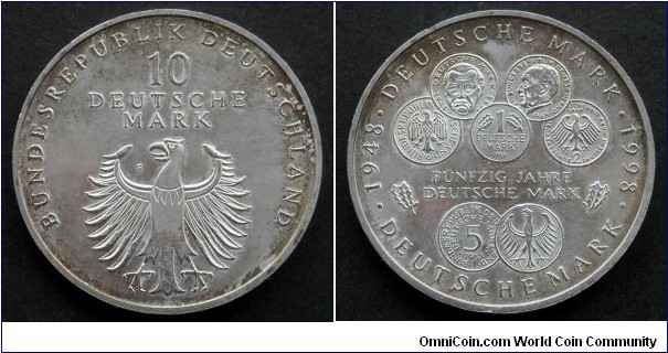 Germany 10 mark.
1998 F, 50th Anniversary of the  Deutsche Mark. Ag 925. Weight; 15,5g. Diameter; 32,5mm. Mintage: 3.525.000 pcs.