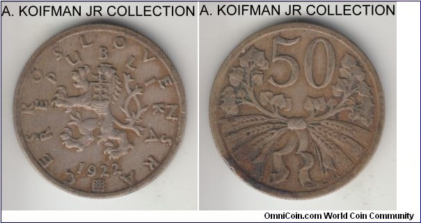 KM-2, 1922 Czechoslovakia 50 haleru; copper-nickel, reeded edge; first Republican coinage, average circulated very fine or so, not cleaned.