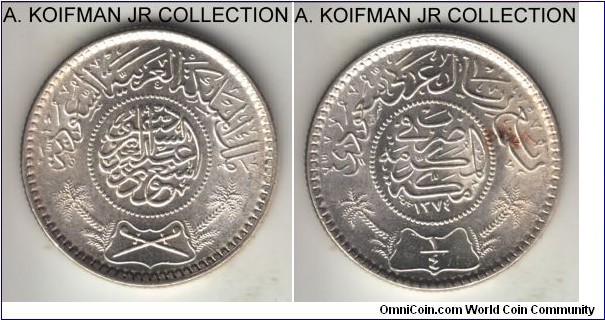 KM-37, AH1374(1955) Saudi Arabia 1/4 riyal, Mecca mint; silver, reeded edge; bright uncirculated, small reverse toning spot.