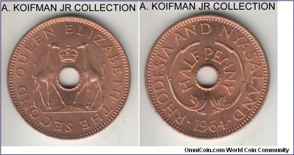 KM-1, 1964 Rhodesia & Nyasaland half penny; bronze, plain edge, holed flan; Elizabeth II, mostly red uncirculated.