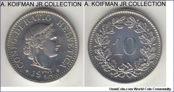 KM-27, 1972 Switzerland 10 rappen; copper-nickel, plain edge; modern circulation type, lightly toned choice uncirculated, may be from the mint set.
