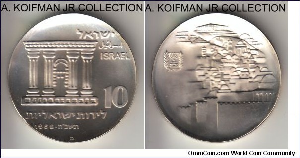 KM-51, 1968 Israel 10 lirot; proof, silver, incuse lettered edge, concave flan; 20'th Anniversary of Independence issue - Jerusalem, mintage of 20,494 in proof, mostly bright white choice uncirculated with some frosting on raised lettering; concave flan does not allow the scanner to focus.