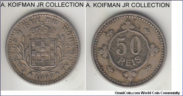 KM-545, 1900 Portugal 50 reis; copper-nickel, reeded edge; first base metal issue, 1-year type, average circulated grade.