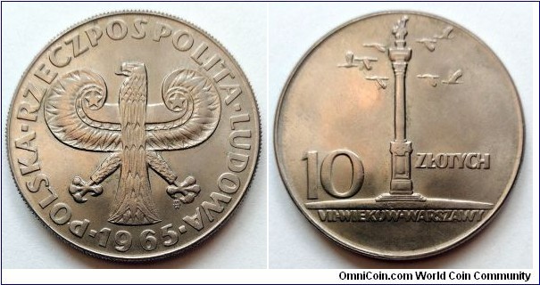 Poland 10 złotych.
1965, 100th Anniversary of Warsaw (III)