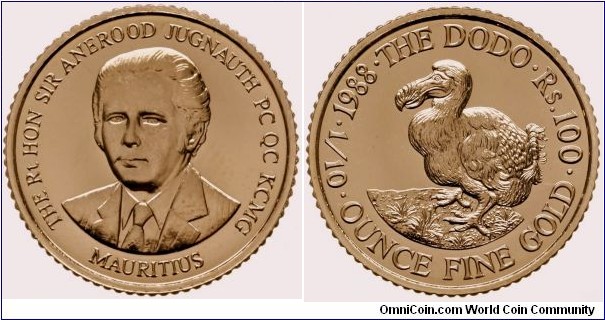 100 Rupees 1988 - Sir Anerood Jugnauth. Gold bullion coin. 3,41g Au 917.