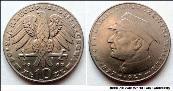 Poland 10 złotych.
1967, Karol Świerczewski (IV)