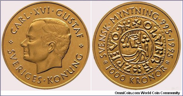 1000 Kronor - 1000th Anniversary of the first Swedish Coin. 5,8g Au 900.