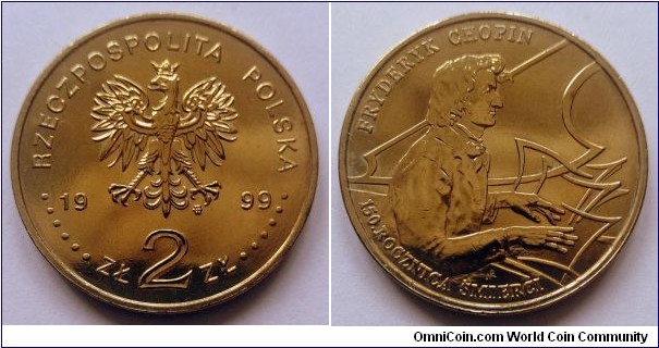 Poland 2 złote.
1999, 150th anniversary of Fryderyk Chopin's death. Nordic gold. Weight; 8,15g. Diamwter; 27mm. Mintage: 420.000 pcs.