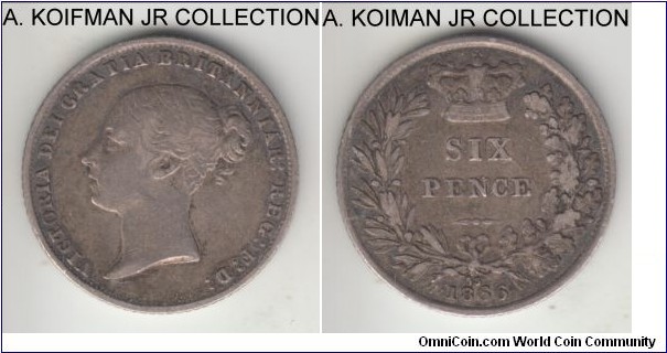 KM-733.2, 1866 Great Britain 6 pence; silver, reeded edge; Victoria, die number #33, nice naturally toned good fine.