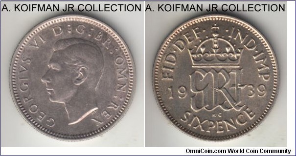 KM-852, 1939 Great Britain 6 pence; silver, reeded edge; George VI, war time issue, uncirculated or almost, toned obverse.