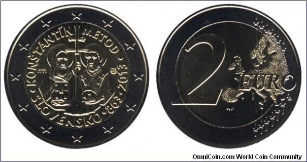 Slovakia, 2 euros, 2013, Cu-Ni-Ni-Brass, bi-metallic, 25.75mm, 8.5g, 863-2013, Saint Cyrillus and Methodius.