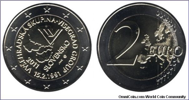 Slovakia, 2 euros, 2011, Cu-Ni-Ni-Brass, bi-metallic, 25.75mm, 8.5g, 1991-2011, 20th Anniversary of Foundation of the Visegrad Group.