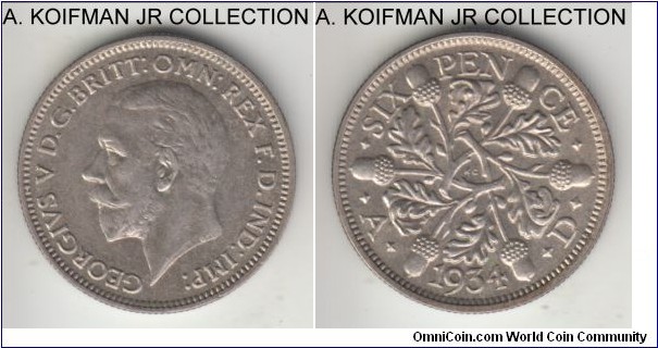 KM-832, 1934 Great Britain 6 pence; silver, reeded edge; late George V, about uncirculated, excellent acorns.