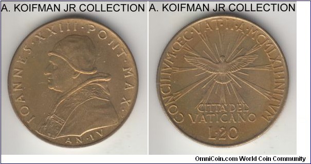 KM-71, 1962 Vatican 20 lire; aluminum-bronze, reeded edge; Year IV of John XIII, 1-year special issue for the Second Ecumenical Counsel, mintage 100,000, average uncirculated.