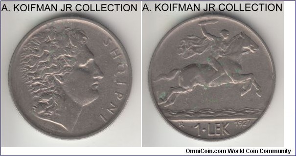 KM-5, 1927 Albania lek, Rome mint (R mint mark); nickel, reeded edge; Republic, scarcer year of the type, very fine to good very fine.
