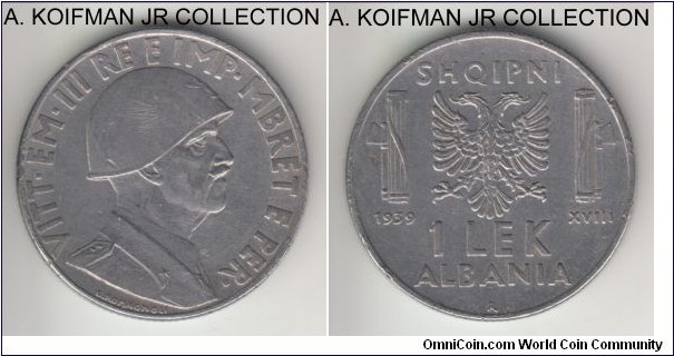 KM-31, 1939 Albania (Italian occupation) lek, Rome mint (R mint mark); stainless steel, reeded edge; Italian occupation period, magnetic variety, extra fine, several edge nicks.
