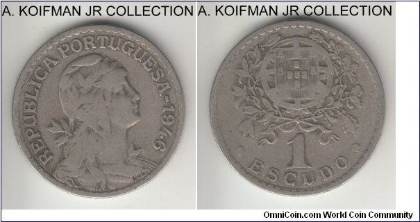 KM-578, 1946 Portugal escudo; copper-nickel, reeded edge; average circulated.