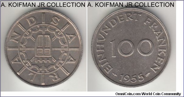 KM-4, 1955 Saarland 100 franken; copper-nickel, reeded edge; average uncirculated or almost.