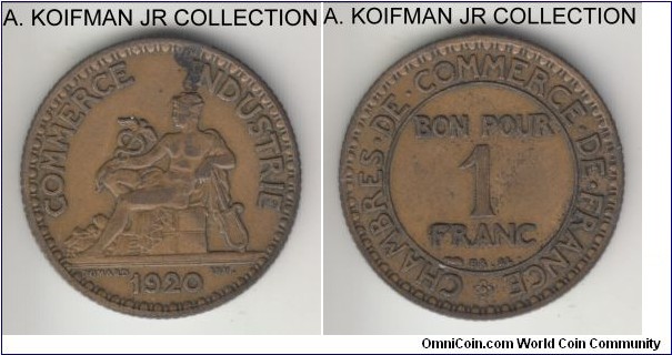 KM-876, 1920 France franc; aluminum-bronze, reeded edge; Bon Pour, first and scarcest year of issue, about extra fine details, obverse stain.