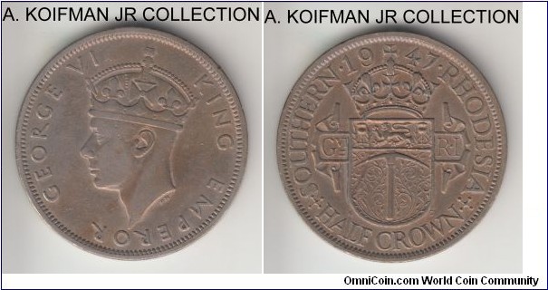 KM-15b, 1947 Southern Rhodesia 1/2 crown; copper-nickel, reeded edge; George VI, first base metal coinage, 1-year type, average and toned very fine or so.