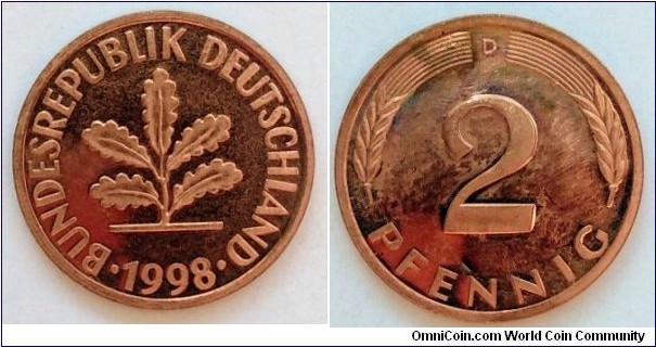 Germany 2 pfennig.
1998 D - Proof