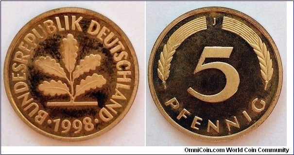 Germany 5 pfennig.
1998 J - Proof