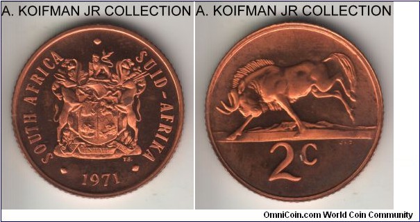 KM-83, 1971 South Africa 2 cents; proof, bronze, reeded edge; earlier Republican decimal coinage, mintage 12,000 in proof sets, light cameo, mostly red, small spot on reverse.