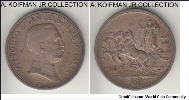KM-55, 1914 Italy (Kingdon) 2 lire, Rome mint (R mint mark); silver, lettered edge; Vittorio Emmanuele III, most common year of the type, very fine, darker toned, small obverse rim bump.