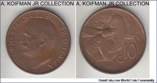 KM-60, 1928 Italy 10 centesimi, Rome mint (R mint mark); copper, plain edge; Vittorio Emmanuele III, good extra fine to almost uncirculated, small spot on King' ear.