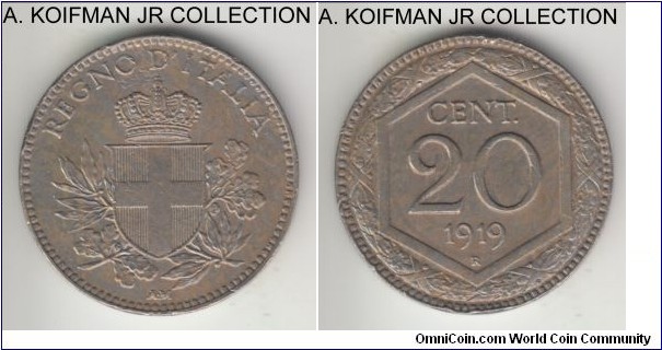KM-58, 1919 Italy 20 centesimi, Rome mint (R mint mark); copp-nickel, plain edge; Vittorio Emmanuele III, emergency issue, very well strike - almost uncirculated - over KM-28 host, very little of the host coin is visible.
