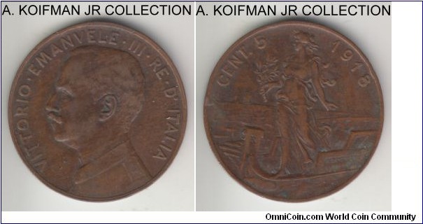 KM-41, 1918 Italy 5 centesimi, Rome mint (R mint mark); copper, plain edge; Vittorio Emmanuele III, good fine or so.