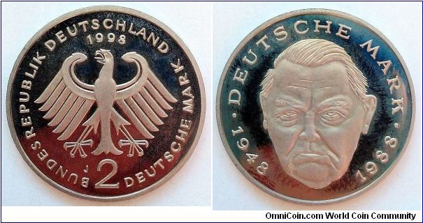 Germany 2 mark.
1998 J - Ludwig Erhardt. 40 Years of Deutsche Mark. Proof.