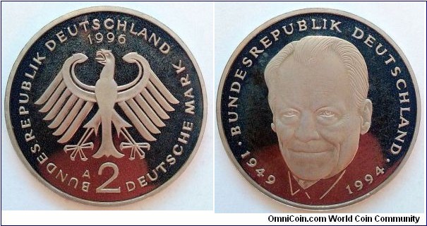 Germany 2 mark.
1996 A - Willy Brandt. 45 Years of the Federal Republic of Germany. Proof.