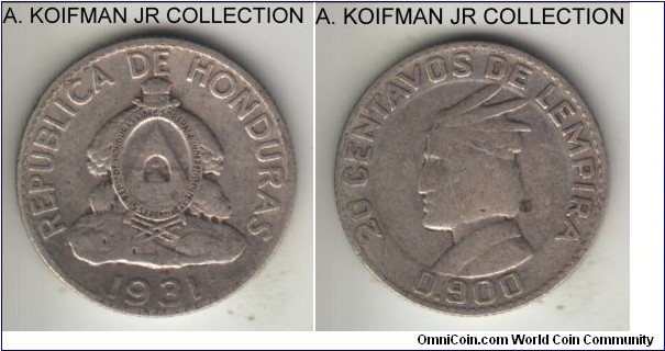 KM-74, 1931 Honduras 50 centavos de lempira, Philadelphia mint (no mint mark); silver, reeded edge; first year of the 4-year type, good fine.