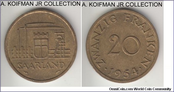 KM-2, 1954 Saarland 20 franken; aluminum-bronze, plain edge edge; French occupation issue, extra fie to good extra fine.